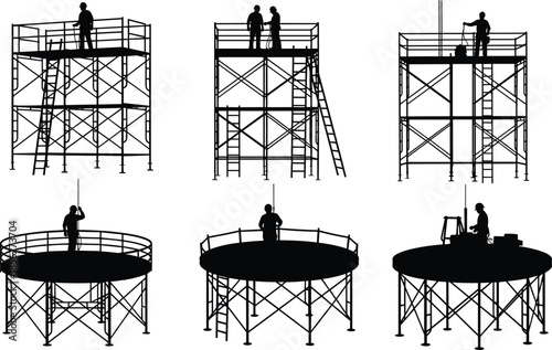 Scaffolding tower silhouettes with workers, elevated steel platforms and ladders, industrial construction framework, maintenance and assembly operations, black flat vector illustration