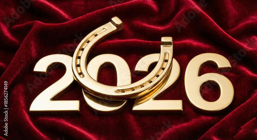 Golden 2026 on red velvet fabric with horseshoe