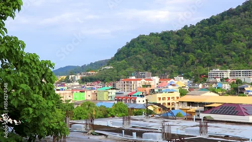 Panorama of tropical landscape mountains city jungle Patong Phuket Thailand.