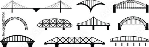 Vector illustration of twelve bridge silhouettes, cable-stayed bridges, arch bridges, truss bridges, beam bridges, architectural design elements, civil engineering structures, black and white artwork