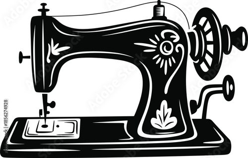 Vintage sewing machine silhouette illustration, classic tailoring equipment design, retro handmade craft tool icon, black vector graphic for fashion and textile themes