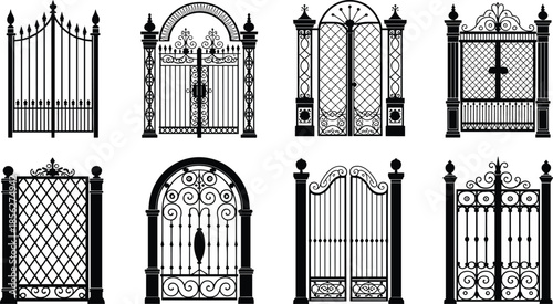 Vintage wrought iron gate silhouettes collection, decorative garden entrance doors, classic metal fence designs, architectural elements, black vector illustration set
