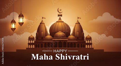 Festival vector illustration for Happy Maha Shivratri with Shiva silhouette inside golden temple, glowing crescent moon, hanging lanterns and stars on dark brown night background 