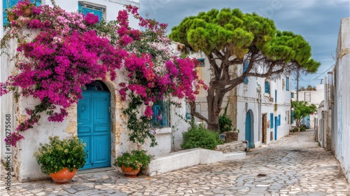 Picturesque European Village Scene with Vibrant Bougainvillea and Charming Architecture along Narrow Street