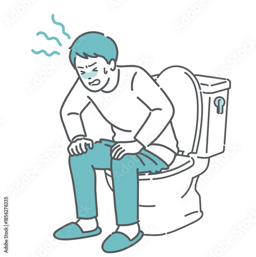 トイレでいきむ・お腹を押さえて苦しむ男性のイラスト（便秘・下痢・腹痛）