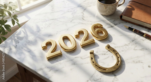 Golden 2026 and horseshoe on white marble texture