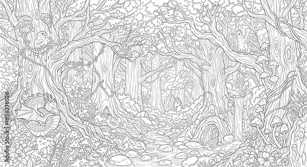 Obraz premium Intricate line art depicts a magical woodland scene filled with enchanted creatures and lush vegetation.