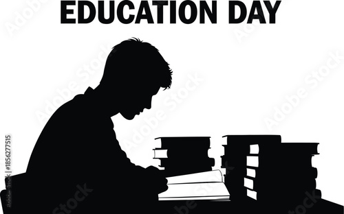 Silhouette graphic celebrating education day featuring a dedicated student deeply focused while reading an open book surrounded by tall stacks of reference materials