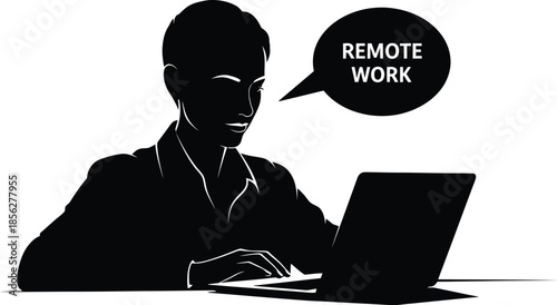 Silhouette of focused professional engaged in remote work using a modern laptop computer while communicating virtual messages in a minimalist high contrast graphic style