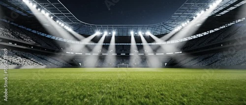 universal grass stadium illuminated by spotlights and empty green grass playground, grand sport building digital 3D background advertisement background illustration