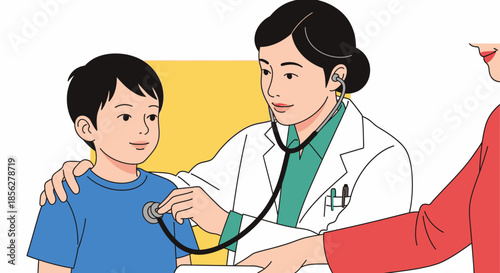 A compassionate female doctor carefully examines a young boy's chest with a stethoscope during a routine medical check-up, ensuring his health and well-being.