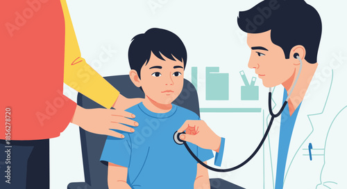 A compassionate male doctor meticulously examines a young boy's chest with a stethoscope during a routine medical check-up, an adult offering comforting support.