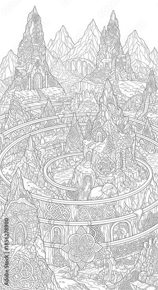 Naklejka premium Intricate fantasy mountain fortress features detailed knotwork patterns and cascading architecture