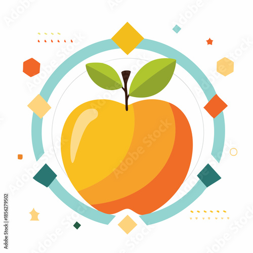 Stylized Orange Apple with Green Leaves Illustration.