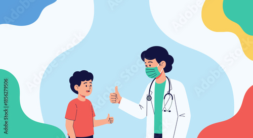 A compassionate doctor in a face mask and a cheerful young patient exchange thumbs-up, representing successful healthcare and child wellness.