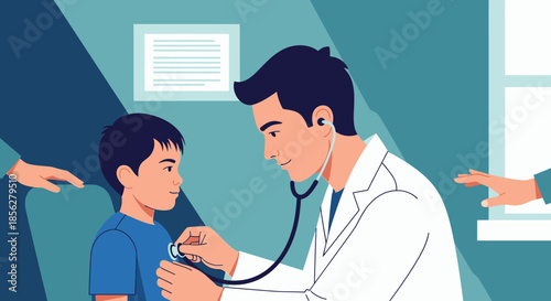 A caring pediatrician attentively examines a young boy's chest with a stethoscope during a routine medical check-up in a modern clinic setting, emphasizing child healthcare.