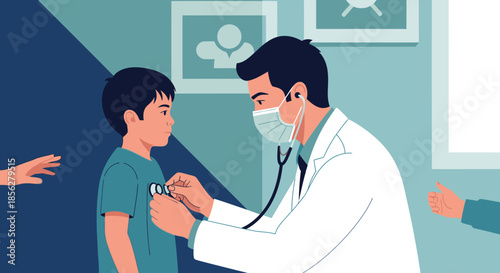 A caring male doctor, wearing a protective face mask, attentively examines a young boy's chest with a stethoscope in a professional medical clinic setting.