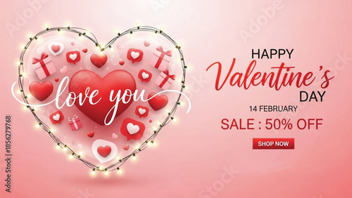 A festive banner design for Valentine's Day featuring a large, glowing heart shape filled with smaller hearts and gift icons, overlaid with the text 'Love you'. The background is a soft pink gradient.