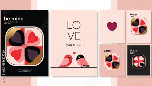 A set of five different graphic designs for Valentine's Day, including cards with heart patterns resembling gifts, romantic messages like 'be mine' and 'LOVE you much', and small stylized birds.