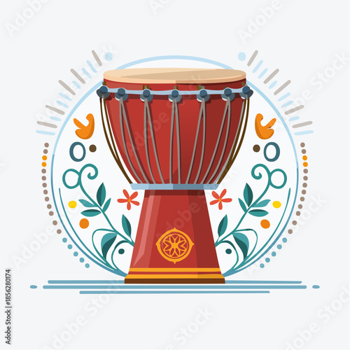 Stylized Red Djembe Drum with Decorative Floral Elements.