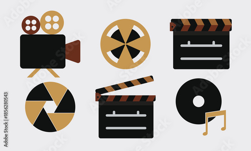 Film Production Icon Set – Vintage Movie Camera, Clapperboard, Shutter Wheel and Music Disc Symbols