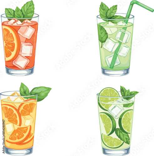 Detailed vector illustration set of four vibrant, refreshing summer beverages in tall glasses: orange, lime, and citrus drinks garnished beautifully with ice and fresh mint leaves.