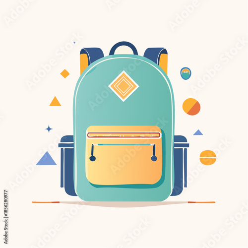 Stylized White Backpack with Blue and Yellow Accents Flat Vector Illustration.