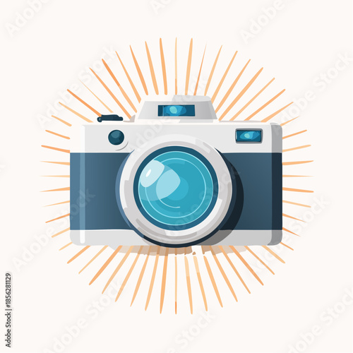 Stylized White Camera with Blue Lens and Sunburst Design.