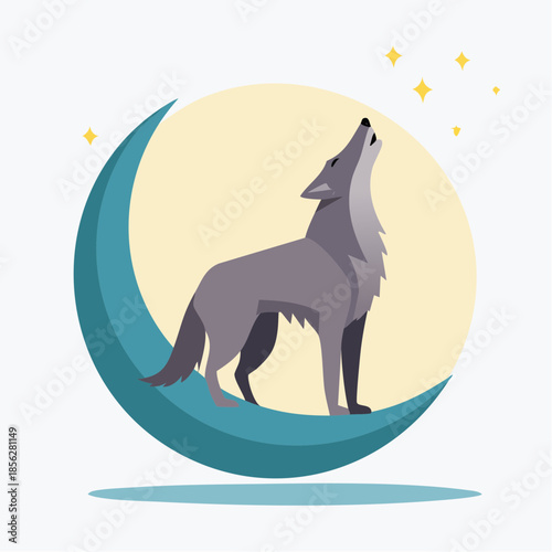 Stylized Wolf Howling at the Moon with Stars.