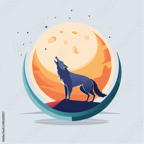 Stylized Wolf Howling at the Moon Illustration.