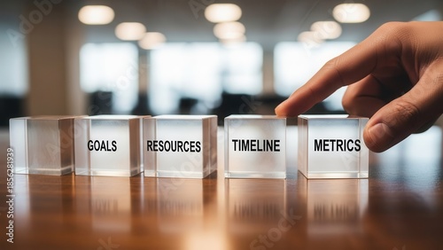 Strategic planning cubes aligned manually using detailed depth and smooth slightly blurred background