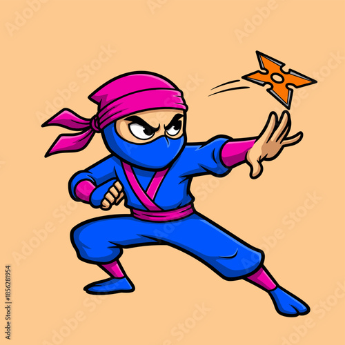 Cartoon Ninja Ready to Throw Shuriken with Intense Focus.