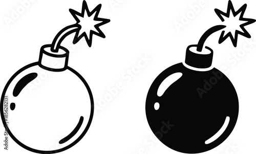 Lit Round Bomb Outline and Solid Icons, Cartoon Explosive with Burning Fuse, Danger and Explosion Symbol Set, Classic TNT Bomb Icon, silhouette, illustration, vector.