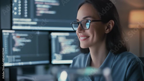 Focused woman programmer working late at night on multiple computer screens coding.