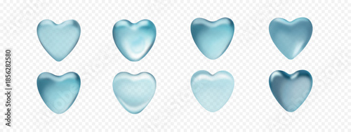 Transparent water drops in heart shape. 3D blue glass vector icons isolated on transparent background