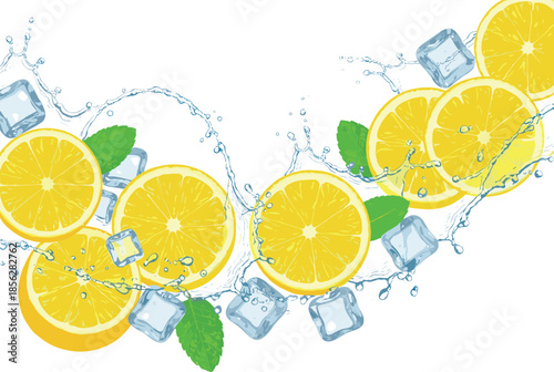 Dynamic vector border or wave design featuring bright yellow lemon slices, scattered ice cubes, fresh mint leaves, and crisp water splash motion against a white background.