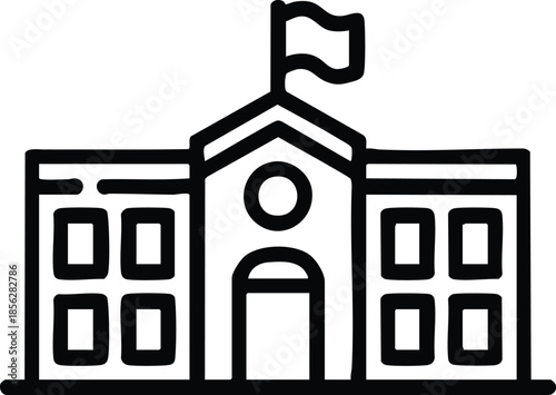 School Building Outline Icon, Educational Institution Graphic, Schoolhouse with Flag Silhouette, University or High School Line Art, silhouette, illustration, vector