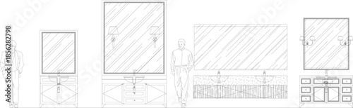 Bathroom Interior Design Drawing of Glass Vanity Cabinets with Drawers and Storage, Four Design Options with Human Scale Illustration