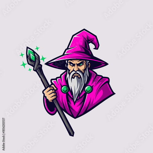 Intense Wizard with Glowing Staff and Purple Robes Illustration.