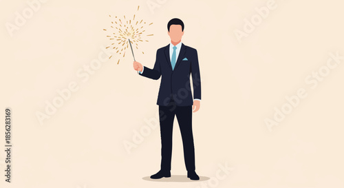 Sparkling Innovation: A sharply dressed figure conjures innovation, holding a wand that emits a burst of golden sparkles, symbolizing creative brilliance.