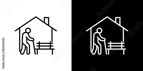 Minimalist vector icon depicting senior living and elderly care in a comfortable home setting, symbolizing retirement and community support