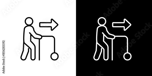 Conceptual vector icon illustration of an elderly person utilizing a walker for forward movement, symbolizing aided mobility, progress, and maintaining independence in later life