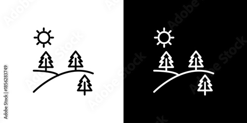Minimalist vector icon illustration of a serene nature landscape icon featuring stylized evergreen trees, rolling hills, and a shining sun, perfect for outdoor themes