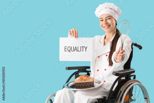 Young female chef in wheelc...