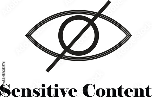 A black and white graphic symbol indicating sensitive or hidden content, featuring an eye with a diagonal line through it and text below.