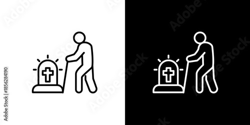 Elderly individual with walking cane and tombstone icon, symbolizing grief and mortality