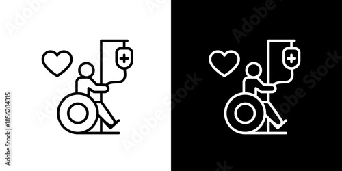 Outline icon of a patient in a wheelchair with an IV drip, representing essential medical care, recovery, and compassionate health support services