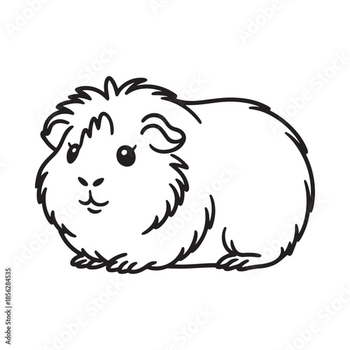 A charming black and white line drawing depicts a cute guinea pig in a relaxed pose side view