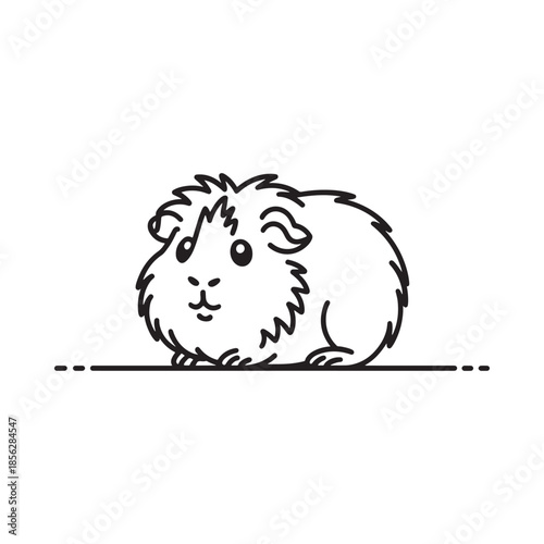A charming black and white line drawing depicts a fluffy guinea pig resting on a simple line
