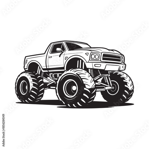 A detailed black and white illustration showcases a powerful monster truck with oversized tires conveying strength